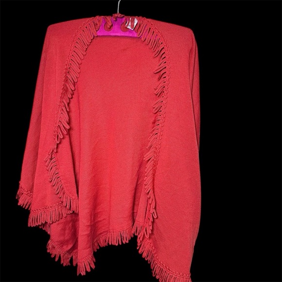 Coldwater Creek Fringe Tassel Cape Shawl Wrap Earthy Red Soft Warm Cozy - Picture 5 of 6